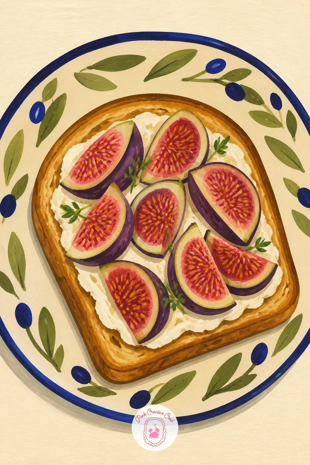 Fig And Goat Cheese Toast On A Plate — Return briefly to the kitchen table for fig and goat cheese toast on a plate, a simple, satisfying food subject with