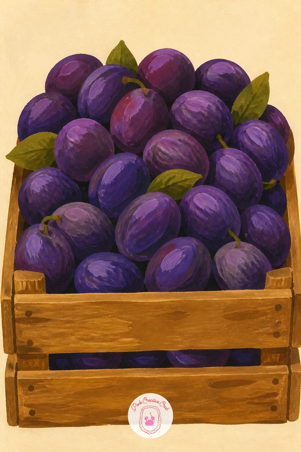 Market Crate Of Purple Plums — Head back out to the market for a wooden crate packed with purple plums. Pomegranate painting