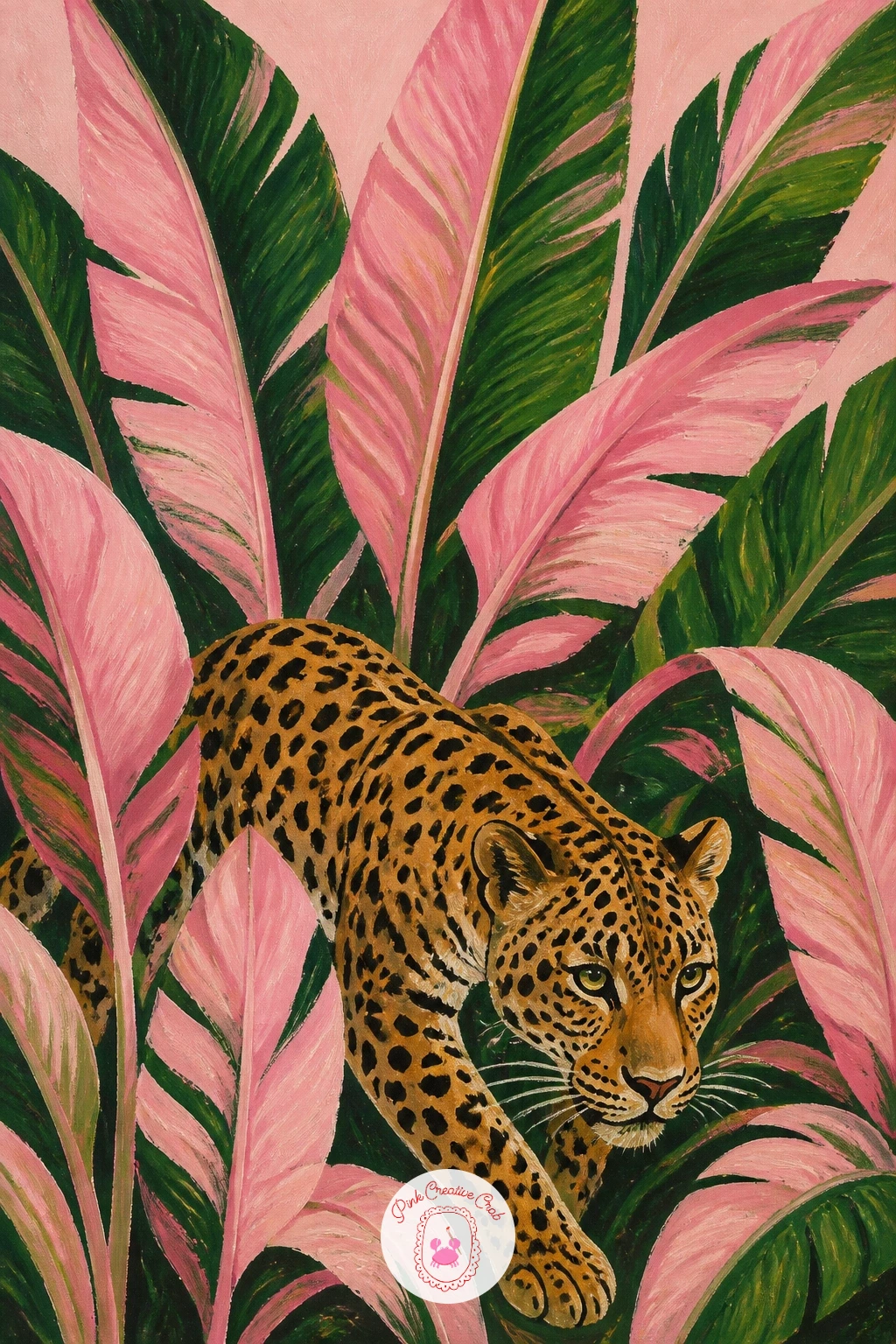 Leopard in a Pink Jungle of Banana Leaves — Once you are comfortable with spots, try leopard in a pink jungle of banana leaves, where the background does as