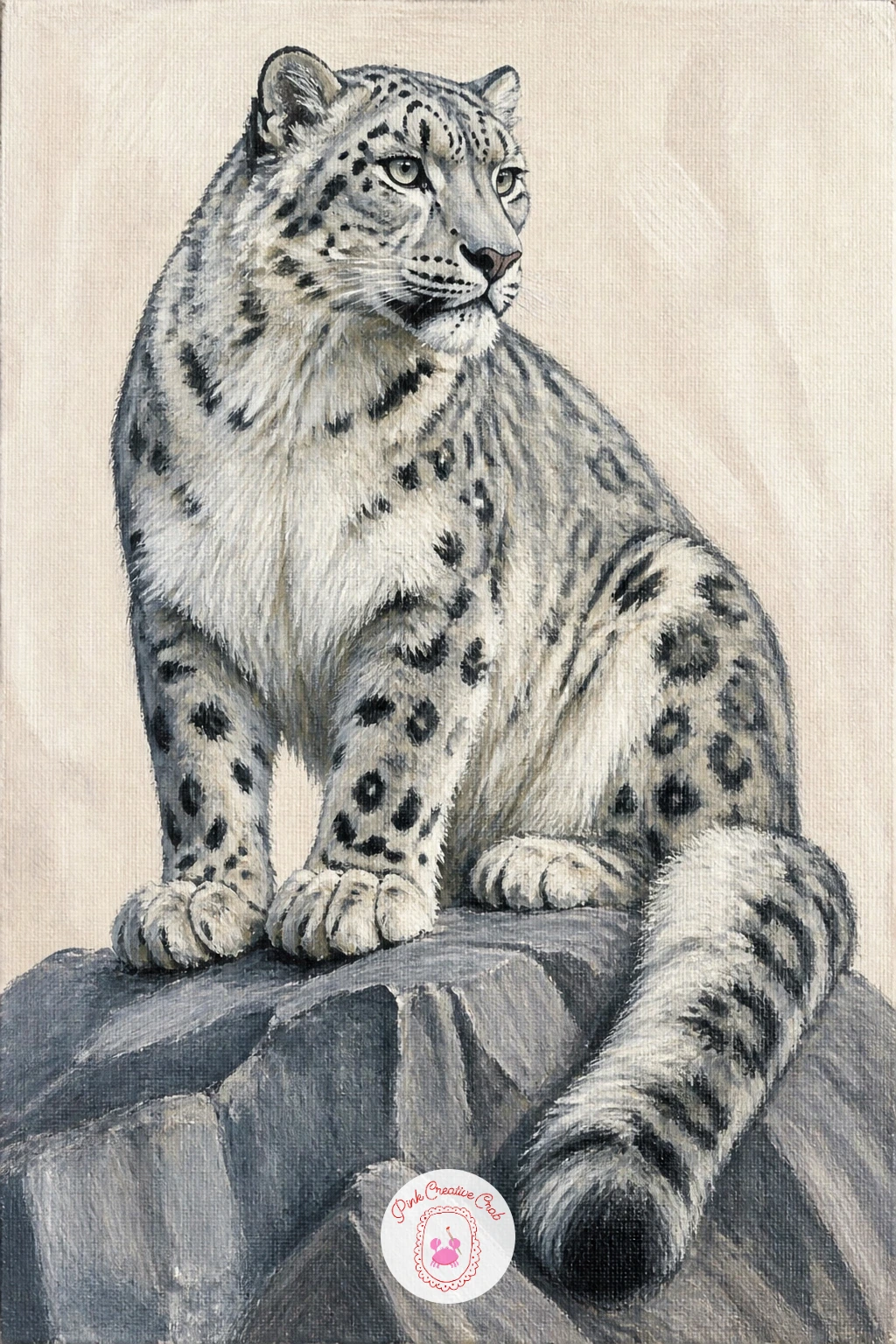 Snow Leopard on a Rocky Ledge — Switch palette completely for snow leopard on a rocky ledge, which swaps camel and black for soft greys and smoky rosettes.