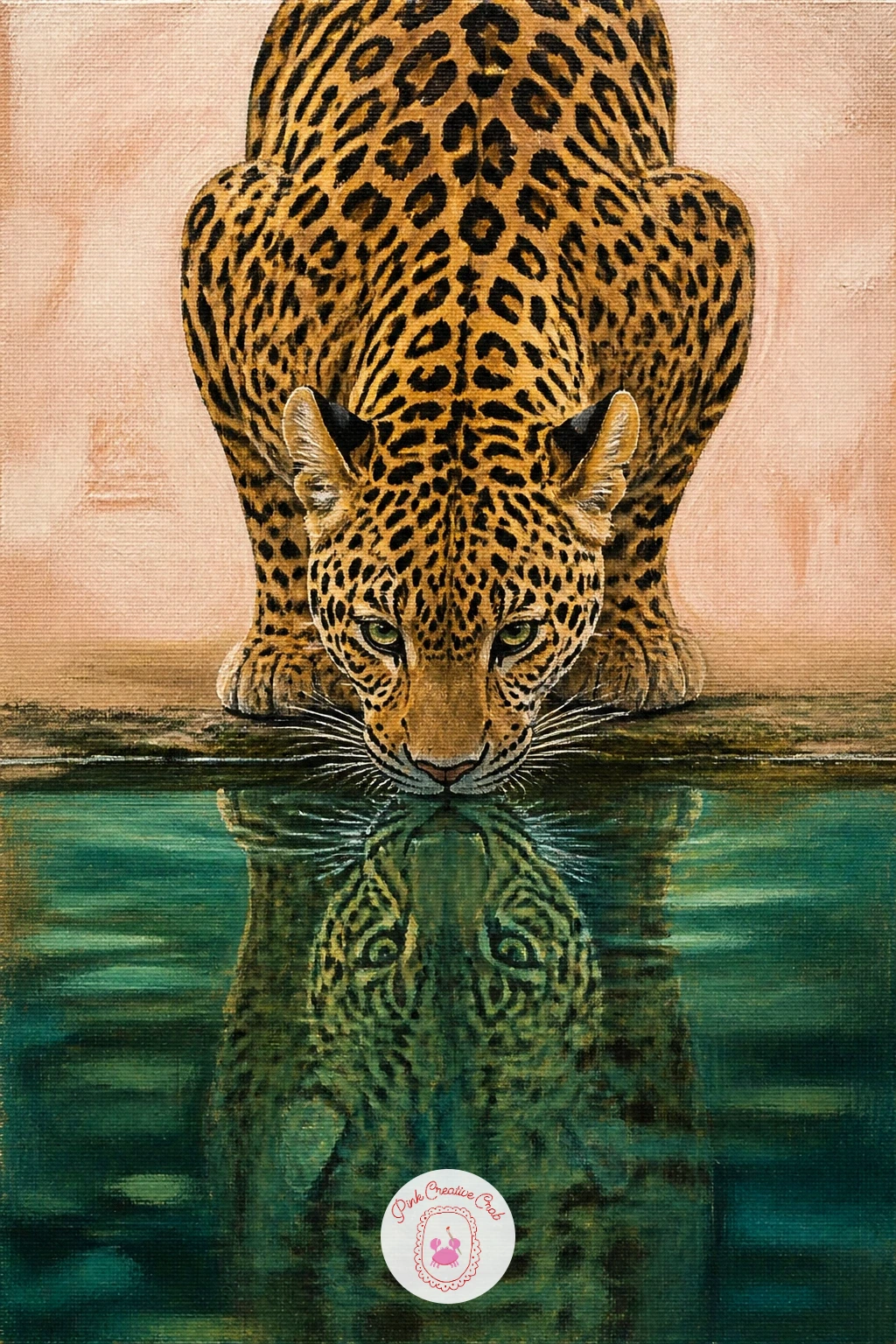 Leopard Drinking From a River — Leopard drinking from a river adds a reflection, which is simpler to fake than it sounds. Leopard painting