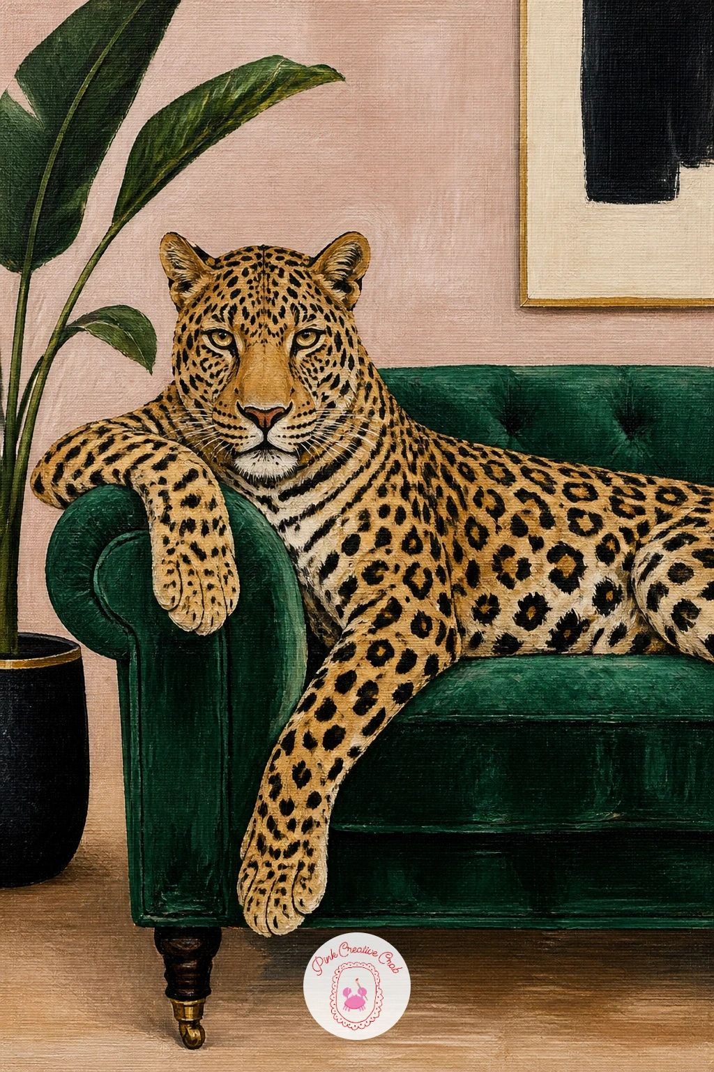 Leopard on a Velvet Sofa in a Living Room — For pure decor appeal, leopard on a velvet sofa in a living room turns the cat into the centerpiece of an interior