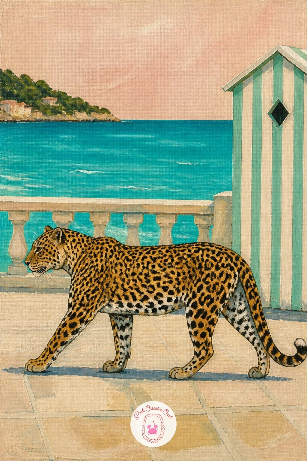 Leopard Walking Along a Riviera Promenade — Leopard walking along a Riviera promenade takes the cat out for a stroll past striped beach huts and a strip of