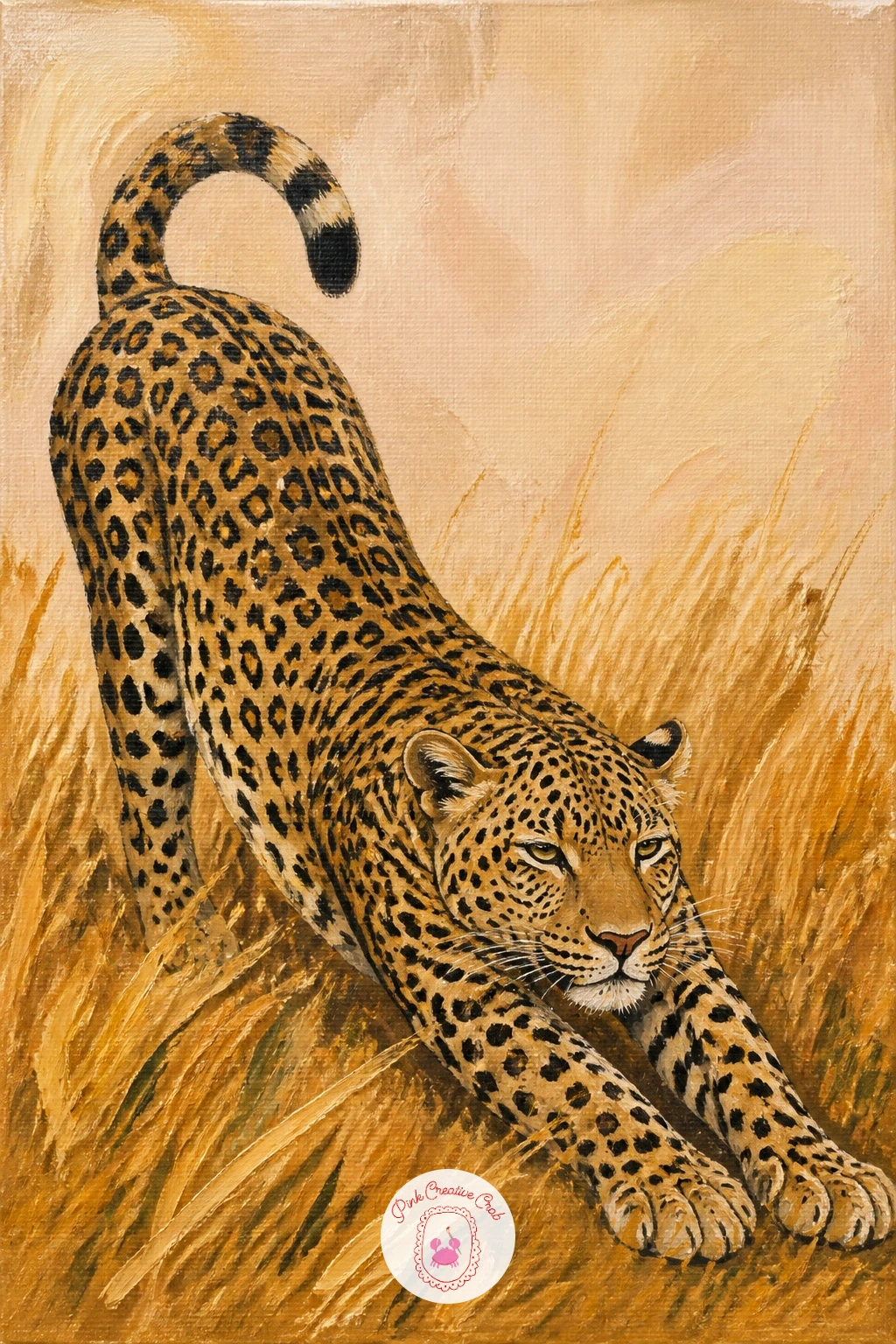 Leopard Stretching in Golden Grass — Leopard stretching in golden grass is all about one dramatic line of movement. Leopard painting