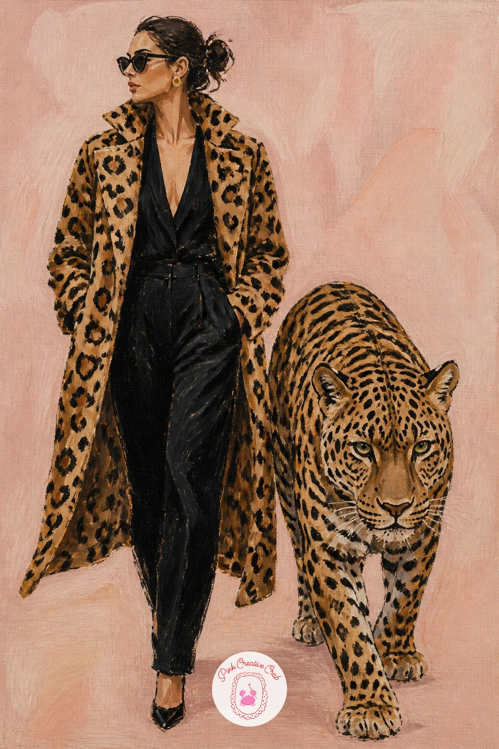 A Woman in a Leopard Coat Walking Beside a Leopard — For the boldest fashion crossover on this list, try a woman in a leopard coat walking beside a leopard