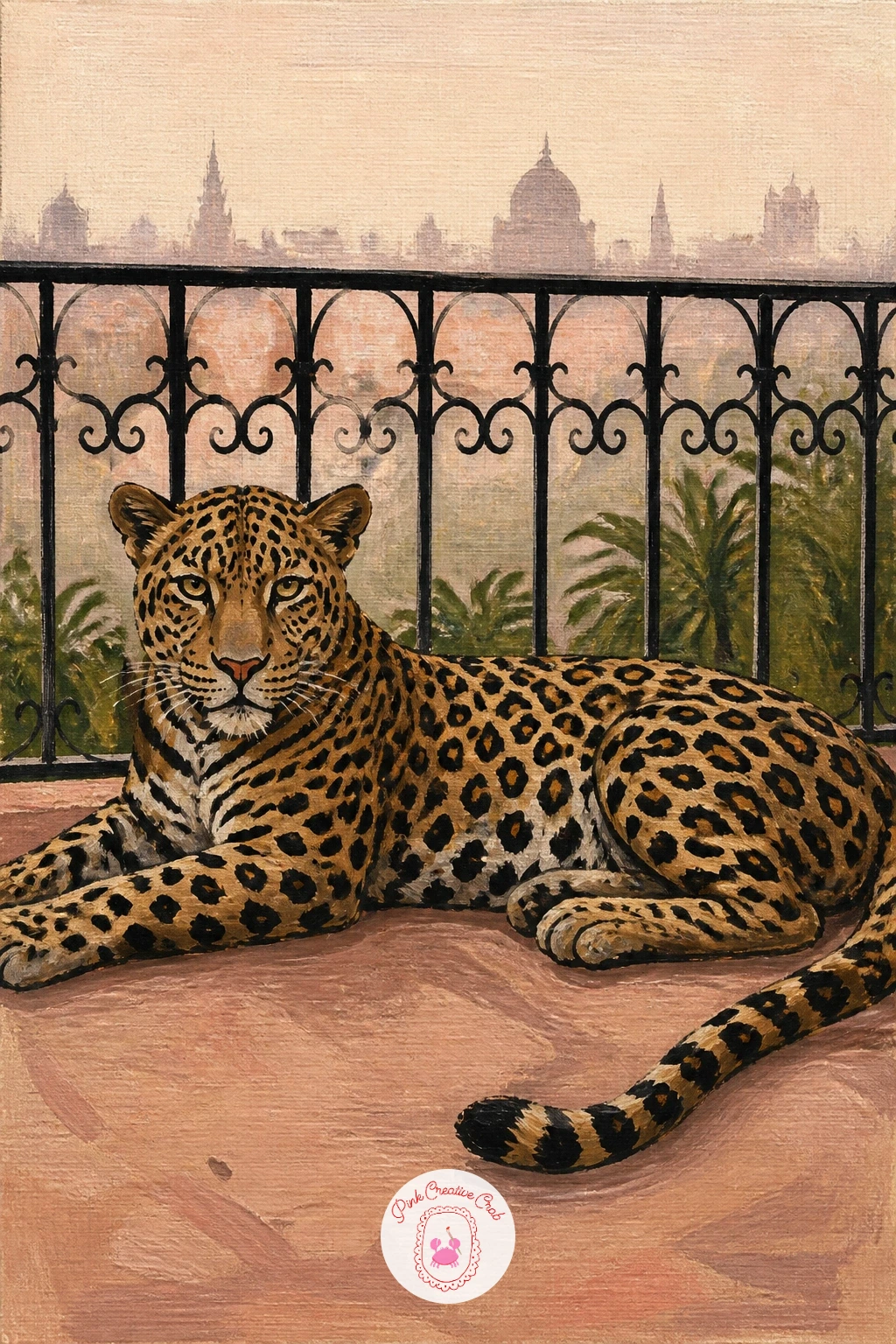 Leopard on a Hotel Balcony — Close the leopard section with leopard on a hotel balcony, a scene that pairs the cat with wrought iron railings and a hint of a