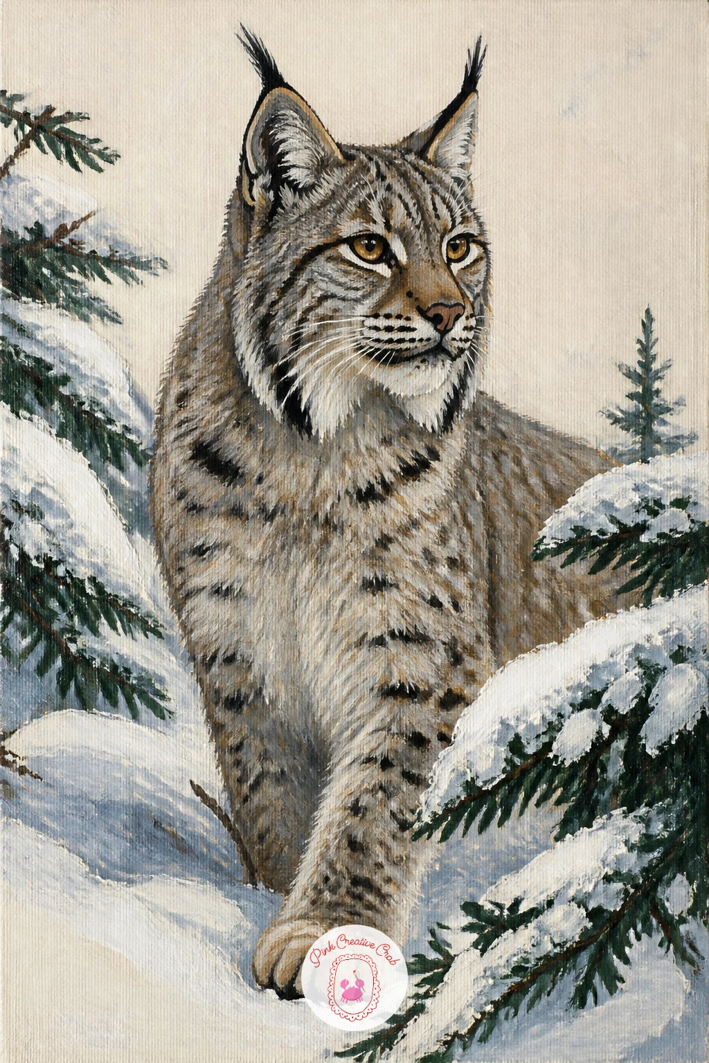 Lynx in Snowy Pines — Lynx in snowy pines leans on silhouette and texture rather than bold color, a nice change of pace after all that gold and camel. Leopard