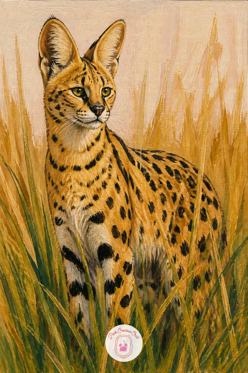 Serval in Tall Grass — Serval in tall grass is about those famously enormous ears and a very upright, alert posture. Leopard painting