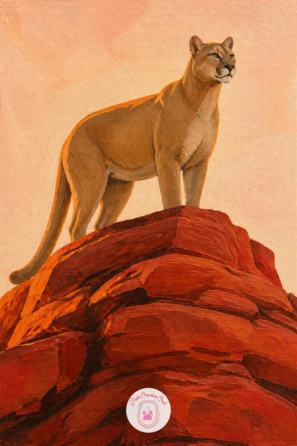 Puma on a Canyon Rock — Puma on a canyon rock brings back strong eye level choices, this time from below looking up. Leopard painting
