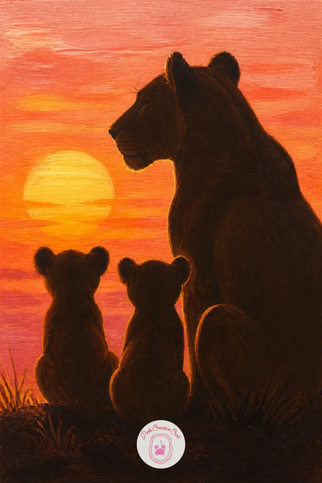 Lioness and Her Cubs at Sunset — Lioness and her cubs at sunset is a warm, multi figure scene built around a glowing sky rather than markings. Leopard painting