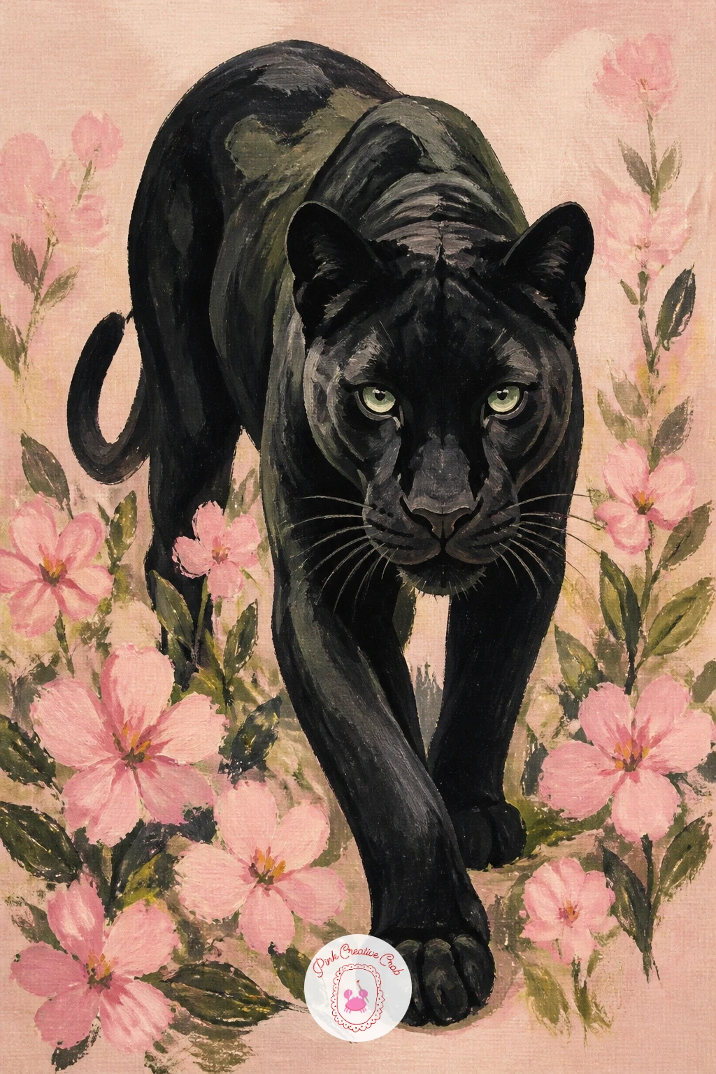 Black Panther Among Pink Flowers — Black panther among pink flowers is the boldest contrast on this list, dark shape against bright bloom. Leopard painting