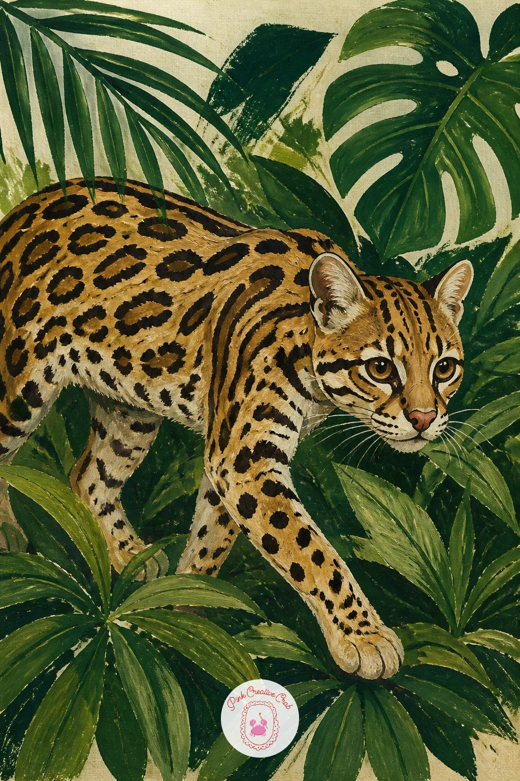 Ocelot in a Rainforest — Ocelot in a rainforest brings back dense foliage, this time paired with one of the most elegantly marked wild cats. Leopard painting