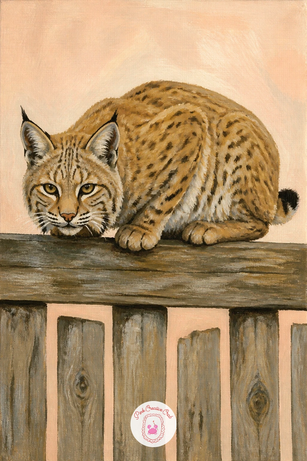 Bobcat on a Fence — Bobcat on a fence brings the wild cat theme into a more domestic setting, perched calmly on a simple wooden rail. Leopard painting