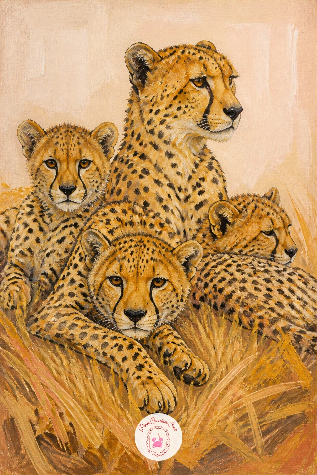 Cheetah Family Resting — Cheetah family resting slows the earlier sprint right down into a calm group portrait. Leopard painting