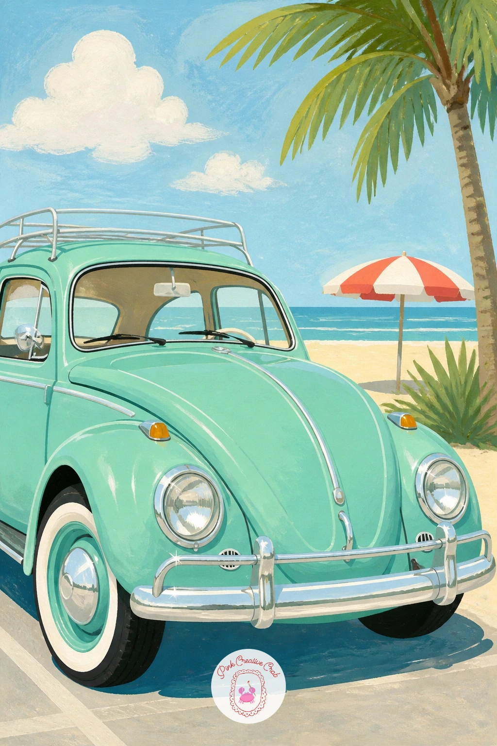 Mint Green Beetle at the Beach — Start the whole set with a mint green Beetle parked at a beach lot, because its shape is just two curves and a dome. Vintage
