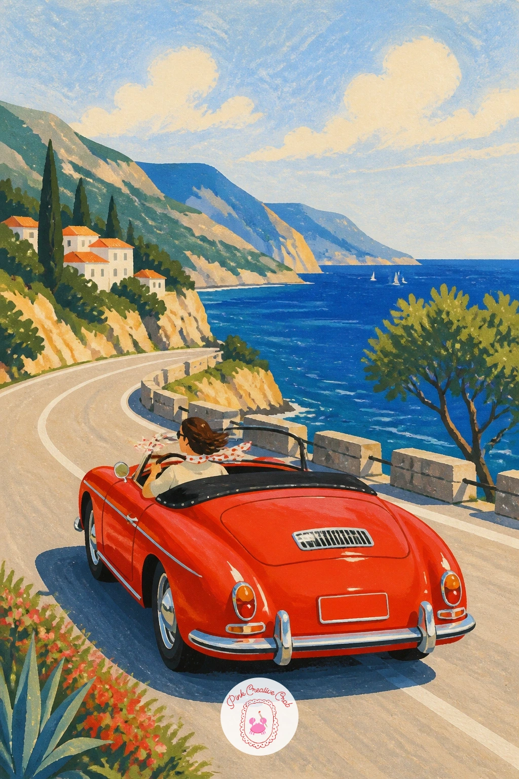 Red Convertible on the Coast Road — Move from a parked car to one in motion with a red convertible taking a coastal bend, scarf streaming out behind the