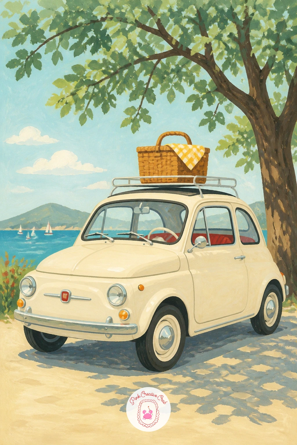 Cream Fiat 500 With a Picnic Basket — After a car in motion, slow things down with a cream Fiat 500 parked under a tree, a picnic basket strapped to its tiny