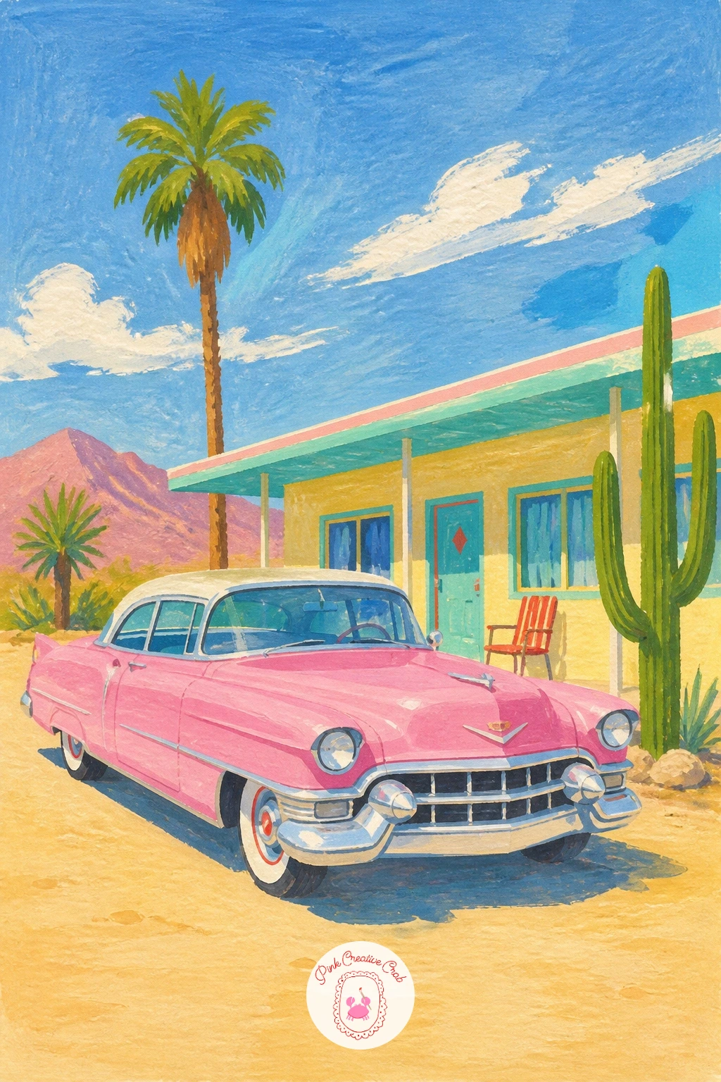 Pink Cadillac at a Desert Motel — Bring in a bigger, flashier car next: a pink Cadillac with its famous tail fins, parked outside a low desert motel sign.