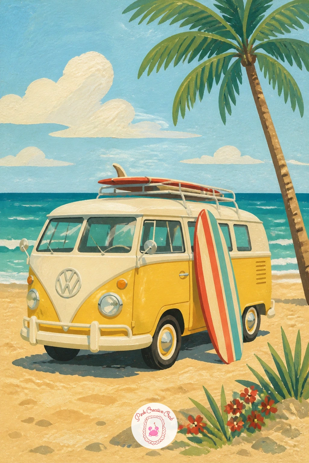 Camper Van at the Surf Beach — Switch gears to a boxier shape with a classic camper van parked at a surf beach, board leaning against its side. Vintage car