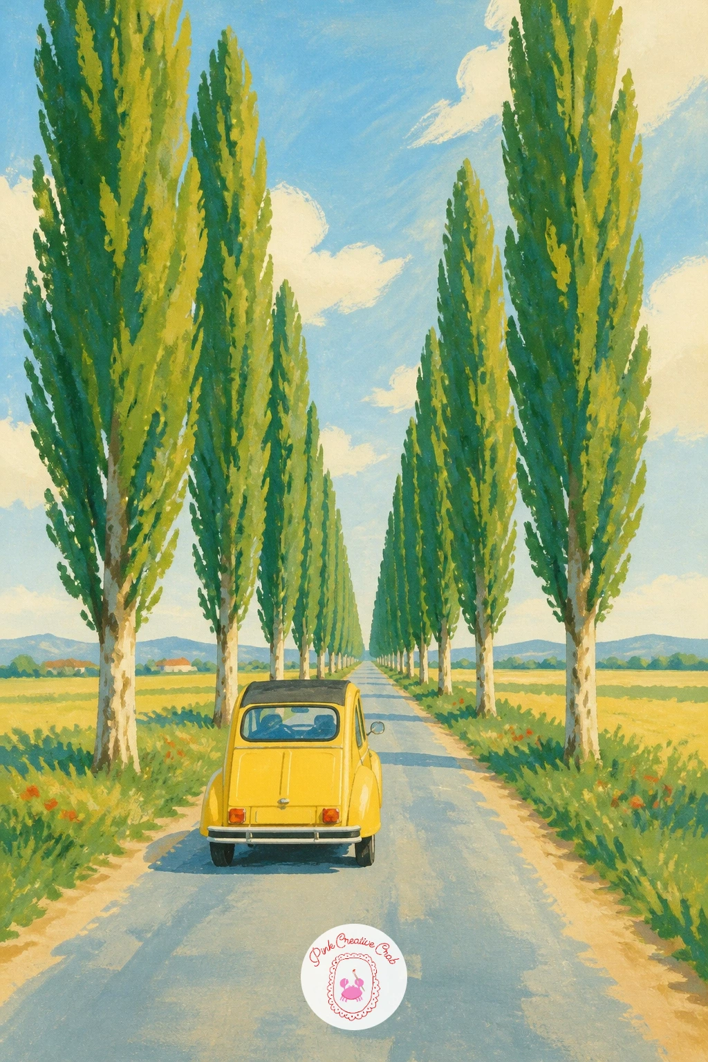 Yellow 2CV on a Poplar-Lined Lane — Take the eye level down low for a yellow 2CV driving away down a French country lane, poplar trees marching off into the