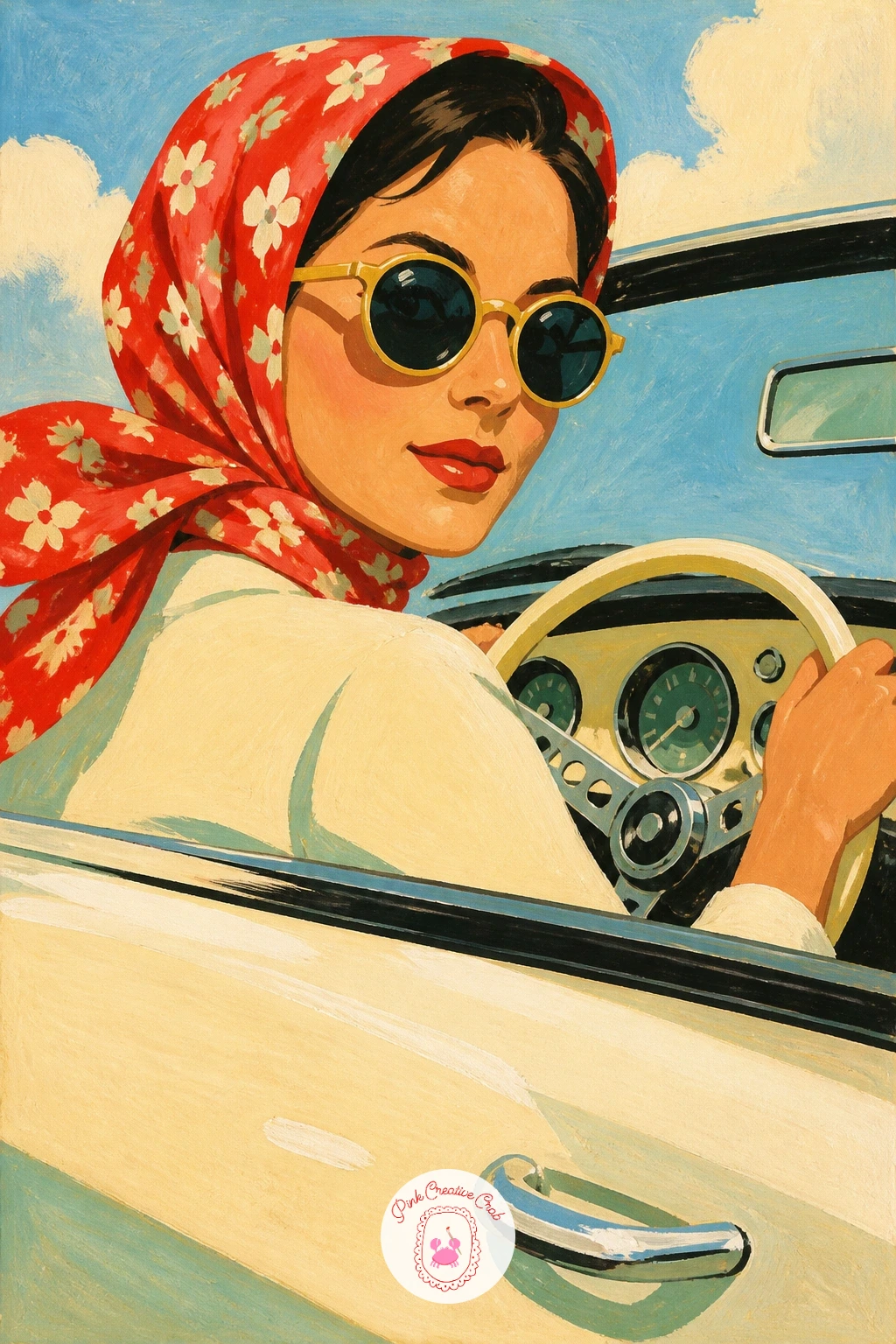 Woman in a Headscarf Driving — Bring a driver into frame with a woman in a headscarf and sunglasses at the wheel of an open convertible, seen close up so her