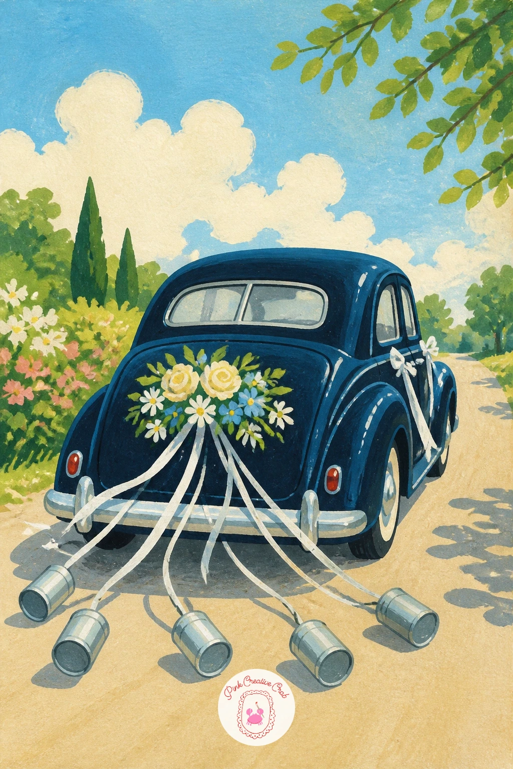 Wedding Car With Ribbons and Tin Cans — Carry the festive mood forward with a wedding car trailing ribbons and tin cans from its bumper, parked for its big