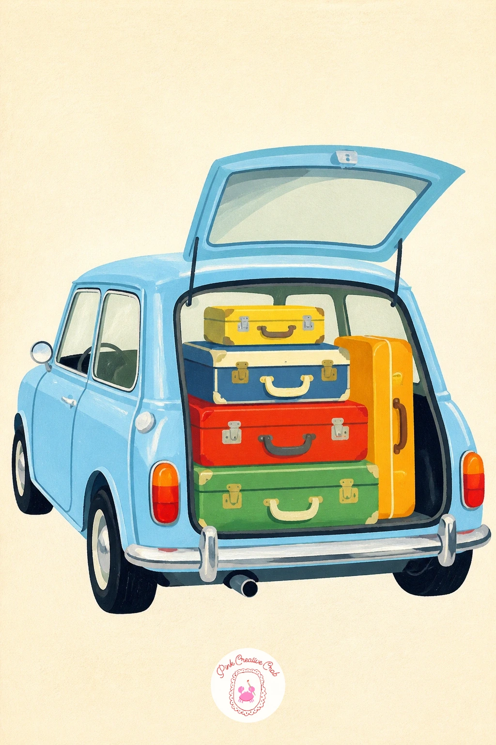 Mini Packed for a Weekend Away — Keep the trip theme going with a classic Mini so stuffed with weekend bags that a suitcase pokes out of a half-open boot.