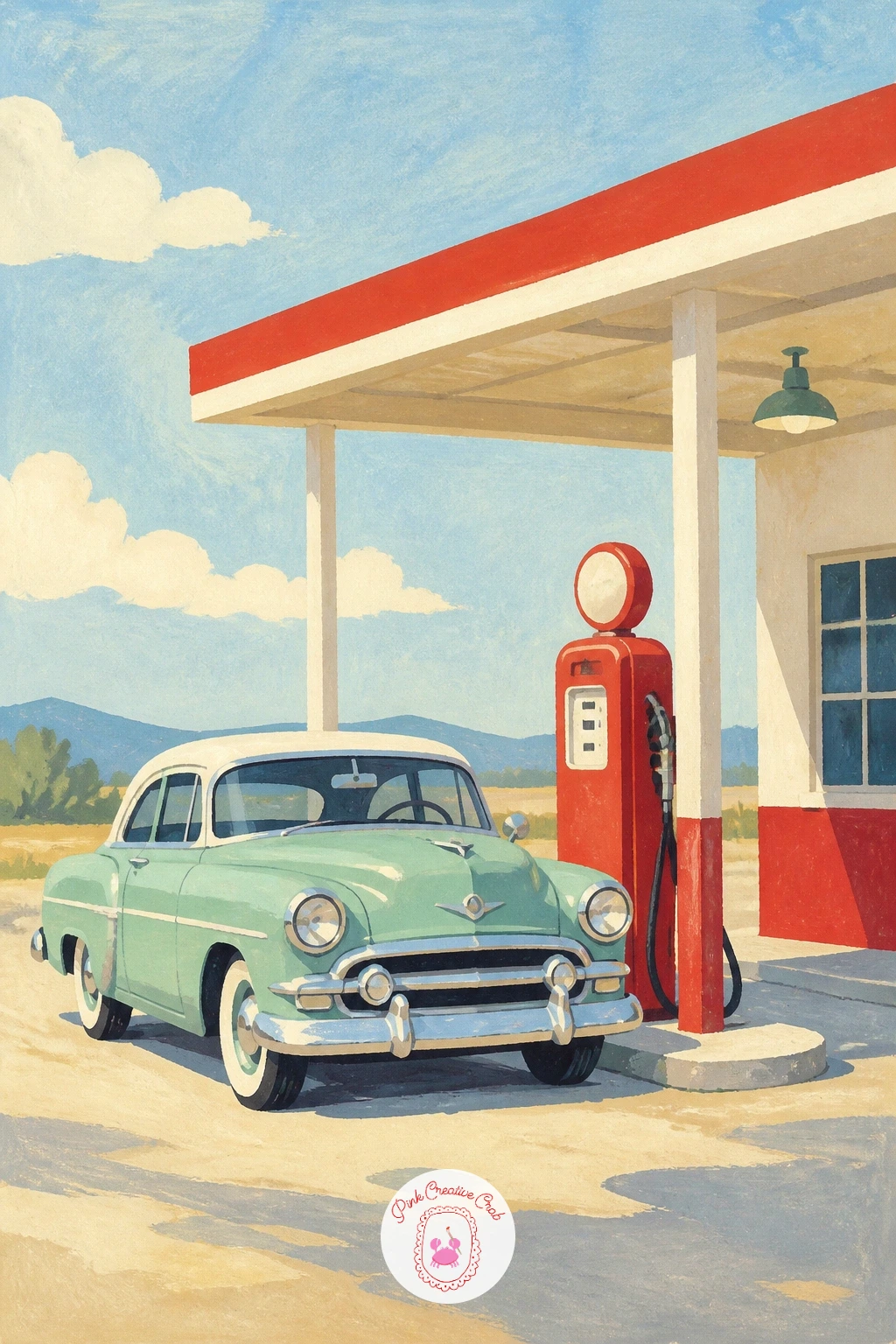 Vintage Car at an Old Gas Station — Build a fuller scene around a vintage car stopped at an old roadside gas station, pump and sign included. Vintage car