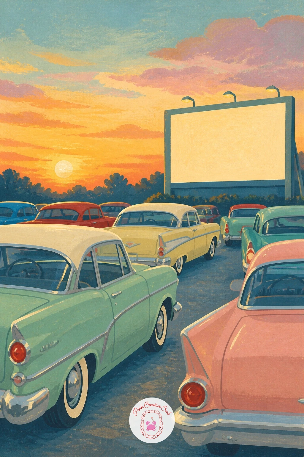 Cars at a Drive-In at Sunset — Widen the view for a row of cars parked at a drive-in theater as the sun sets behind the big screen. Vintage car painting