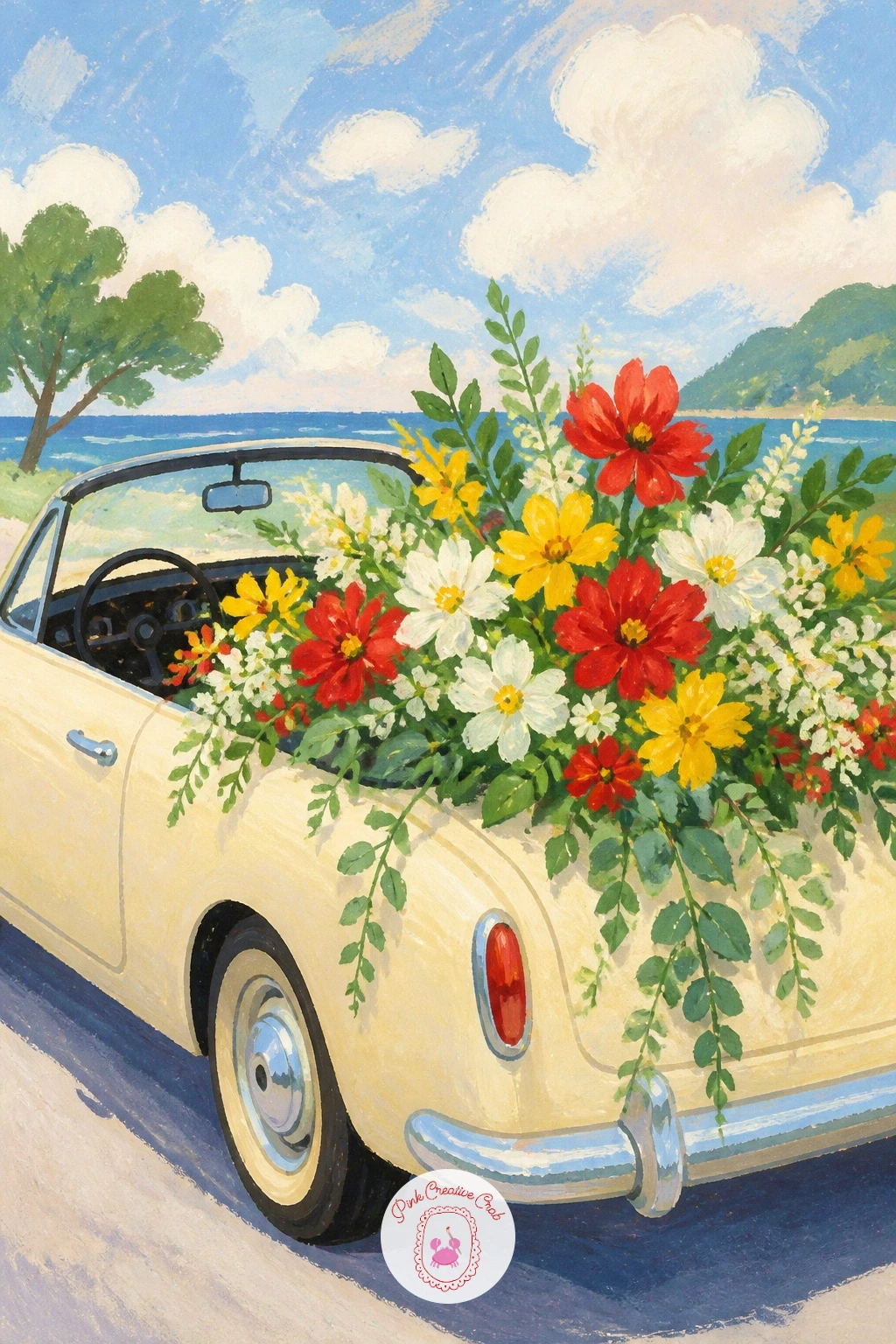 Convertible Full of Market Flowers — Fill a convertible's back seat with armfuls of flowers fresh from the market, overflowing over the doors. Vintage car