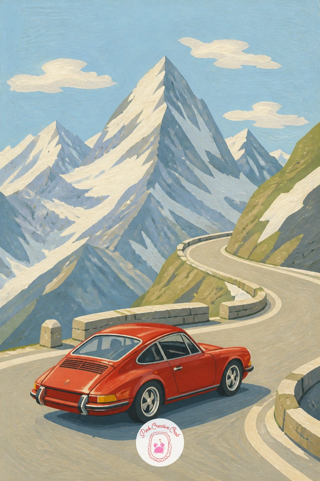 Porsche 911 on an Alpine Pass — Take the scene uphill with a Porsche 911 rounding a hairpin on an alpine pass, snowy peaks rising behind it. Vintage car