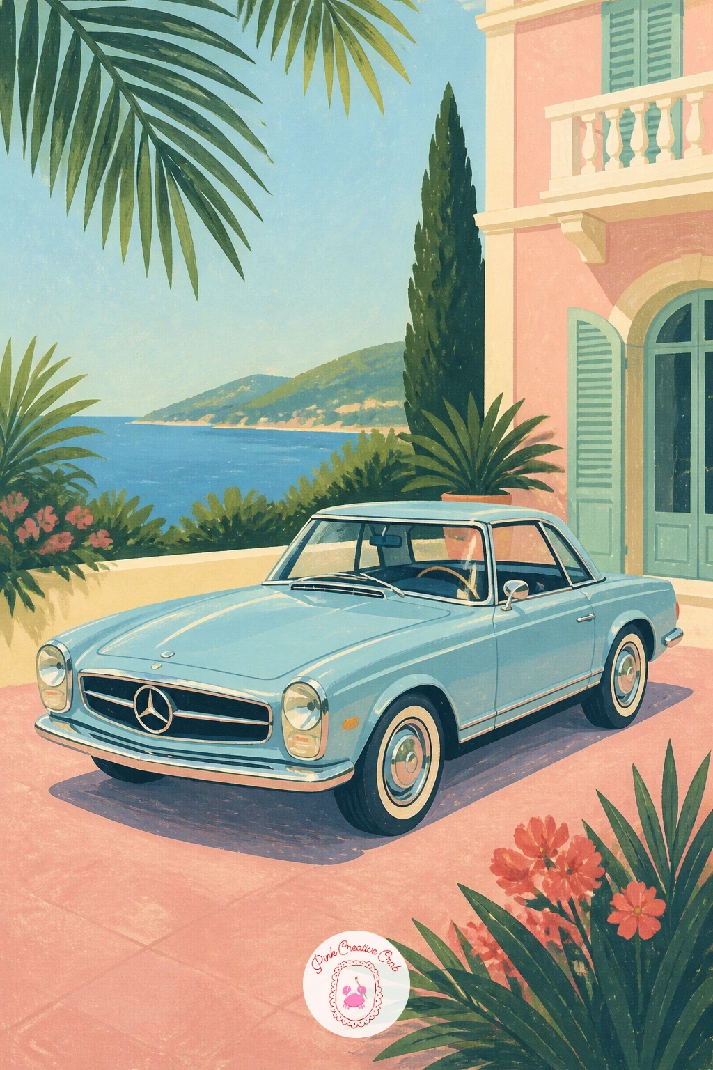Mercedes Pagoda in a Riviera Driveway — Settle into something glamorous with a Mercedes Pagoda parked in a Riviera driveway, palm leaves framing the scene.