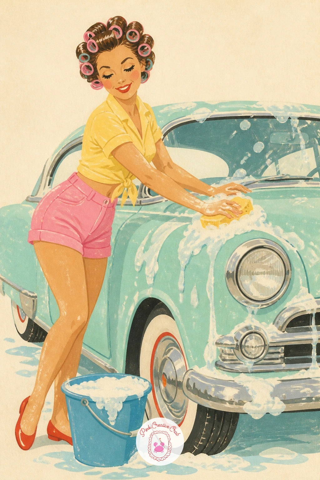 Car Wash With a Girl in Hair Rollers — Add some playful character with a girl in hair rollers washing a vintage car, sponge in hand and suds everywhere.