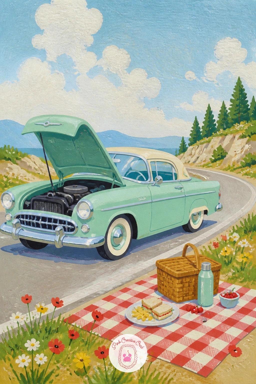 Broken-Down Car With a Picnic Beside It — Turn a mishap into a charming scene with a broken-down car pulled to the roadside, a picnic blanket spread out beside
