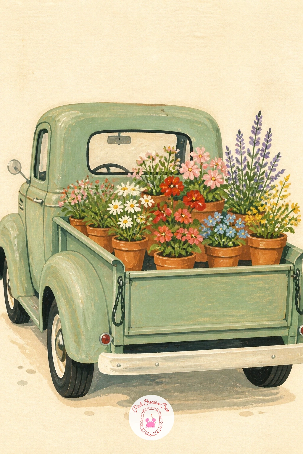 Vintage Pickup Full of Flower Pots — Load a vintage pickup truck's bed with rows of flower pots for a scene that leans more cottagecore than road trip. Vintage