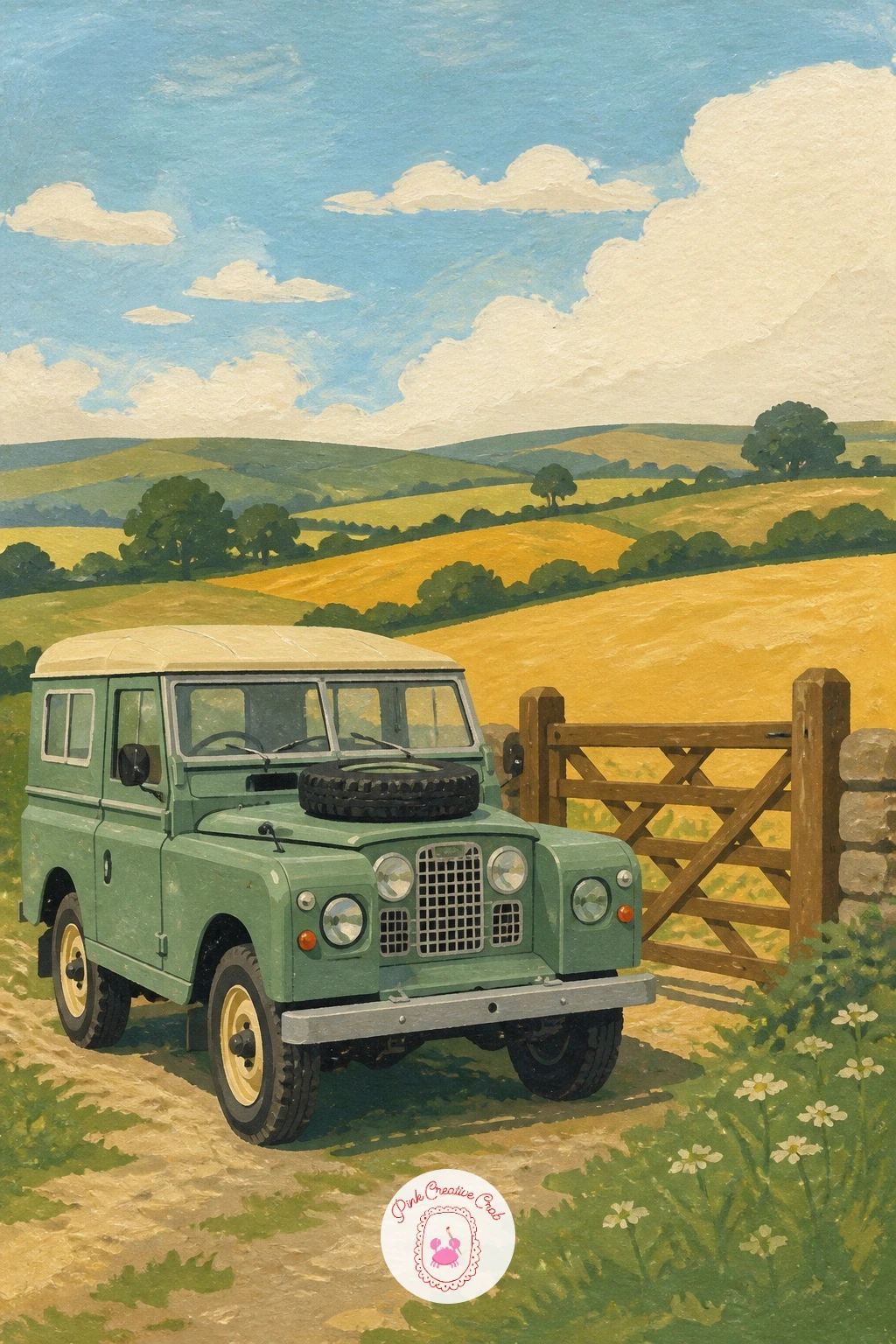Vintage Land Rover by a Farm Gate — Head out to the country with a vintage Land Rover parked beside a wooden farm gate, fields rolling behind it. Vintage car