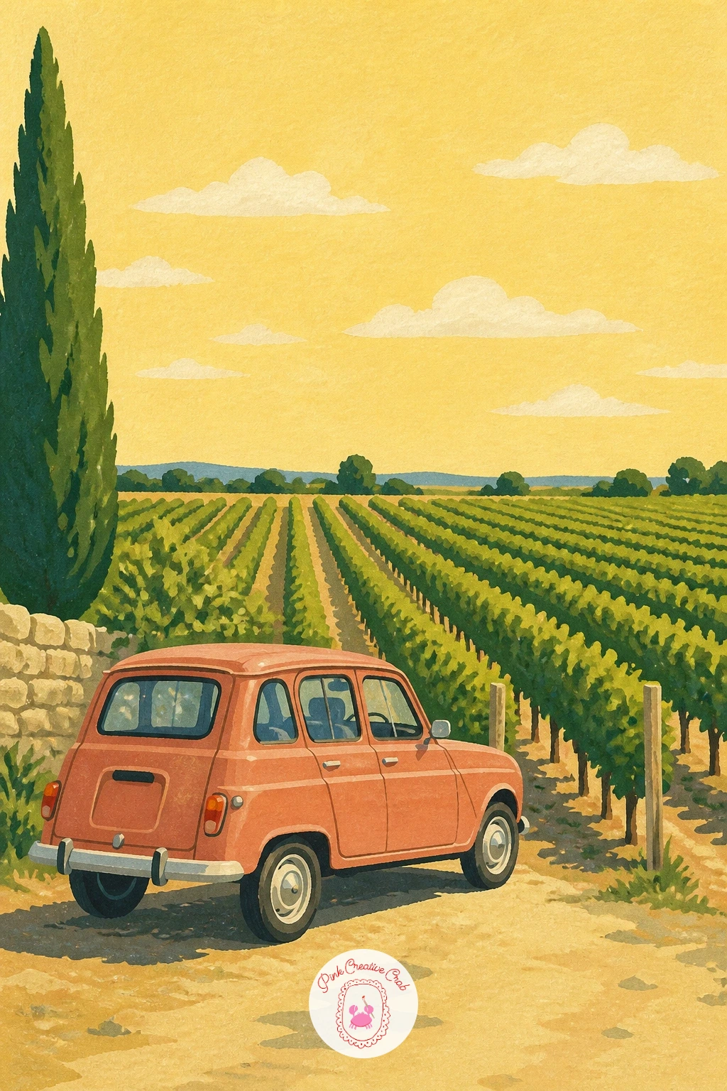Renault 4 by a Vineyard — Pair a little Renault 4 with neat rows of vines for a scene that leans into pattern and repetition. Vintage car painting