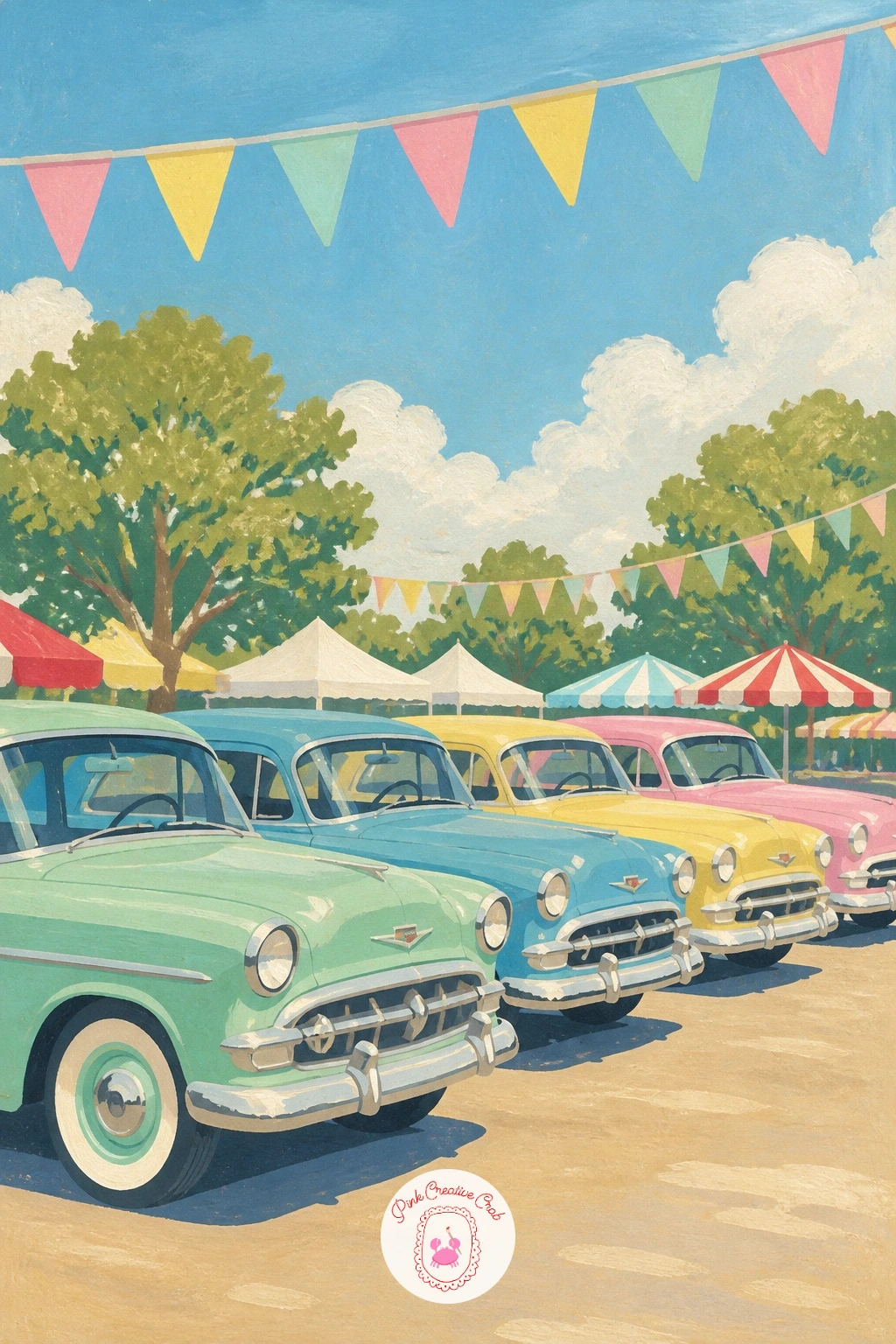 Pastel Car Lineup at a Car Show — Step back for a wider shot with a whole lineup of pastel vintage cars parked side by side at a car show. Vintage car painting