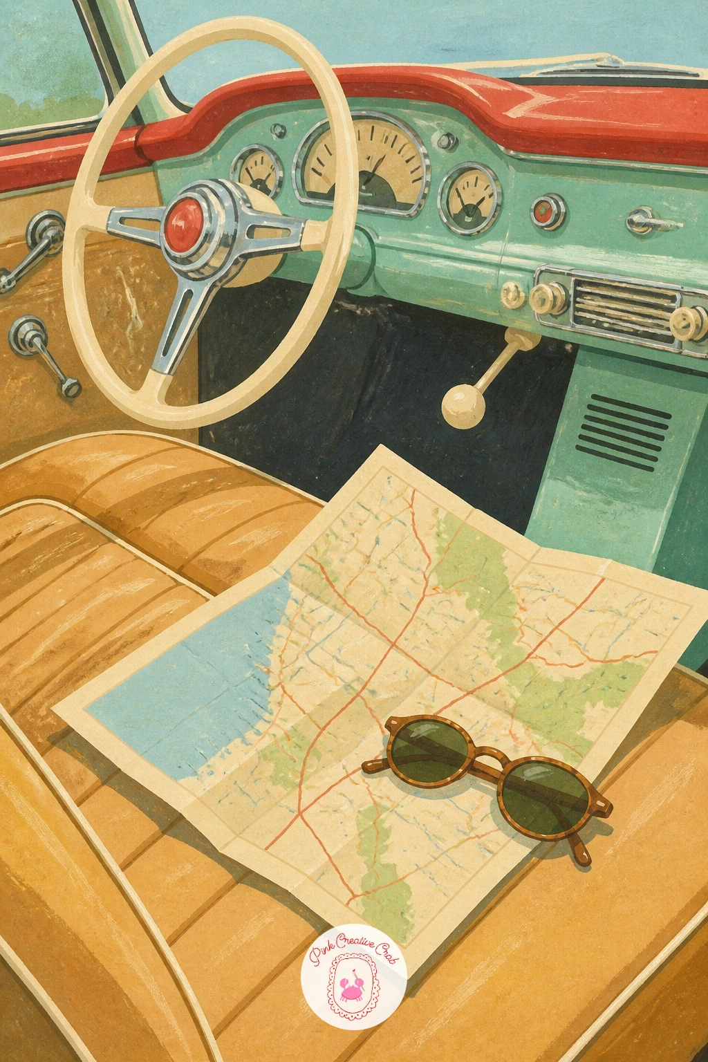 Vintage Car Interior With a Map and Sunglasses — Zoom right into the dashboard for a still life of a vintage car interior, a folded map and a pair of