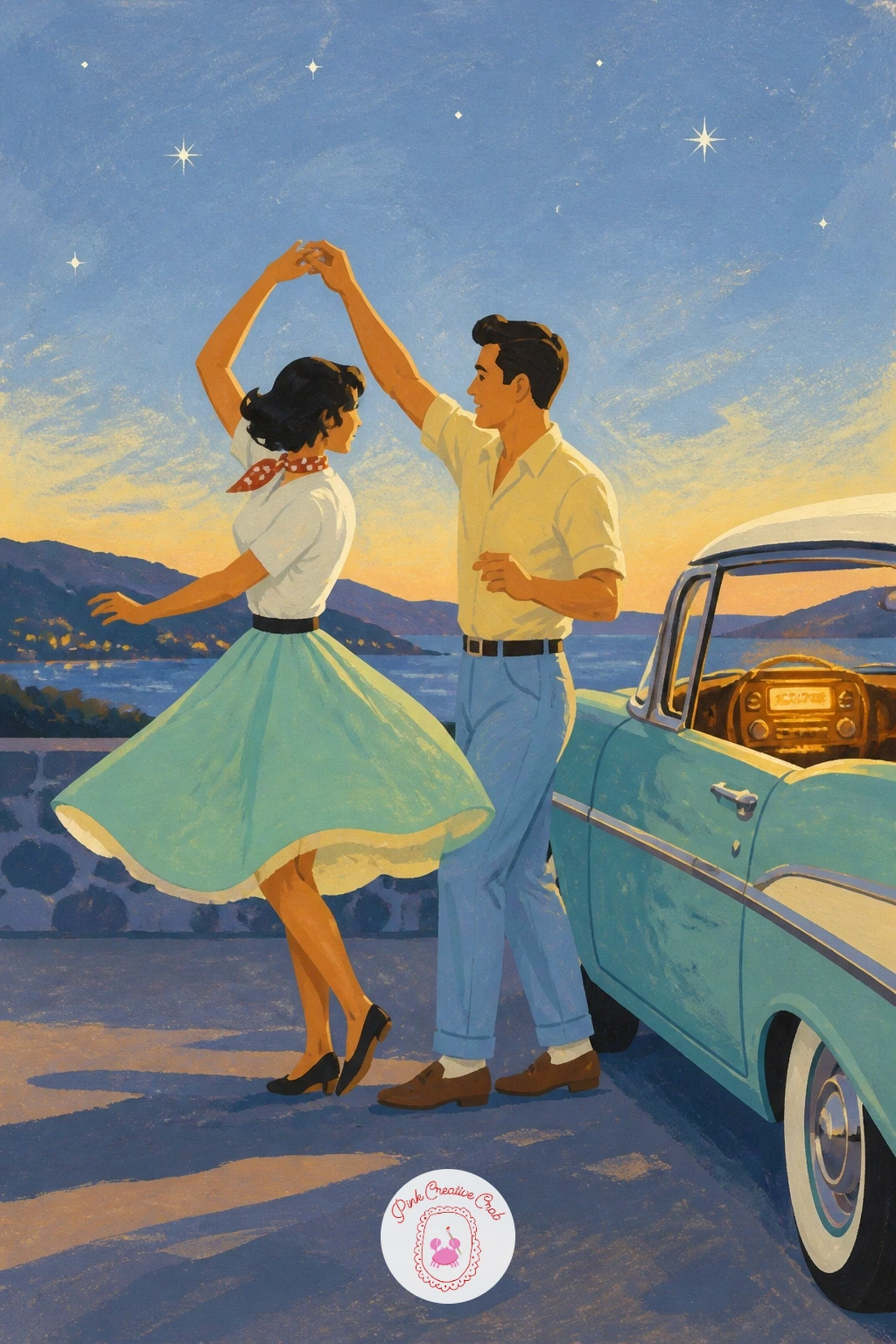 Couple Dancing by a Car With the Radio On — Bring in some romance with a couple dancing beside a parked vintage car, radio dial glowing through the open