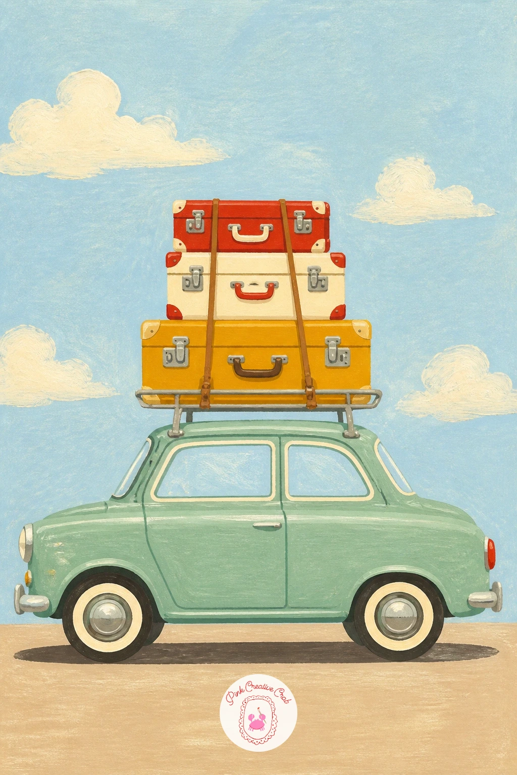 Car With Suitcases Strapped on Top — Return to the packing theme with a car so loaded for a long trip that two or three suitcases are strapped directly to its