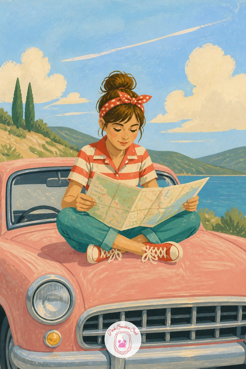 Girl Reading a Map on the Hood — Settle a girl down on the hood of a parked vintage car, map spread across her knees as she plans the next stop. Vintage car