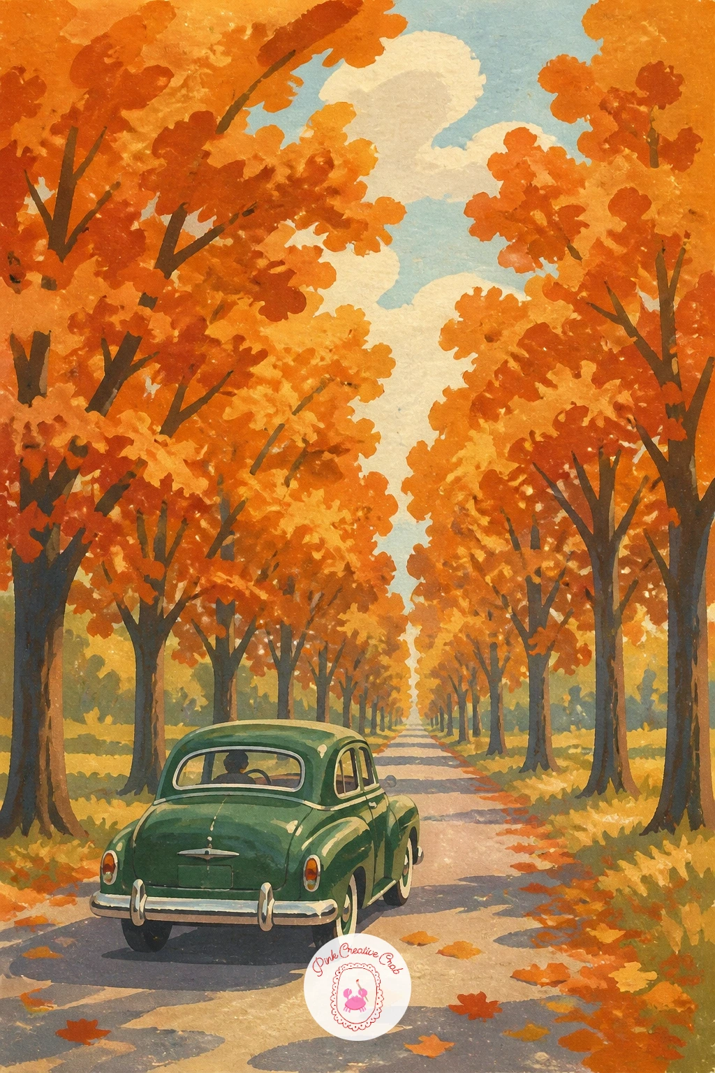 Vintage Car on a Tree-Lined Avenue in Autumn — Change the season with a vintage car driving down a tree-lined avenue in full autumn color. Vintage car painting