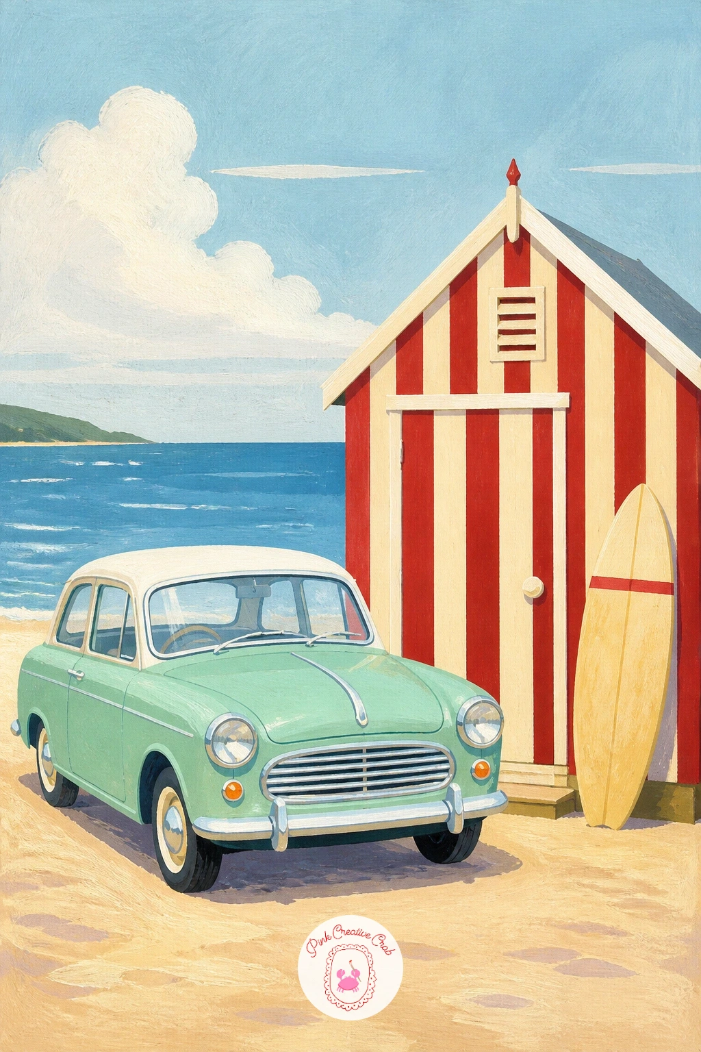 Car Parked by a Beach Hut — Bring the trip back to the coast with a vintage car parked beside a striped beach hut, sea just visible behind. Vintage car painting