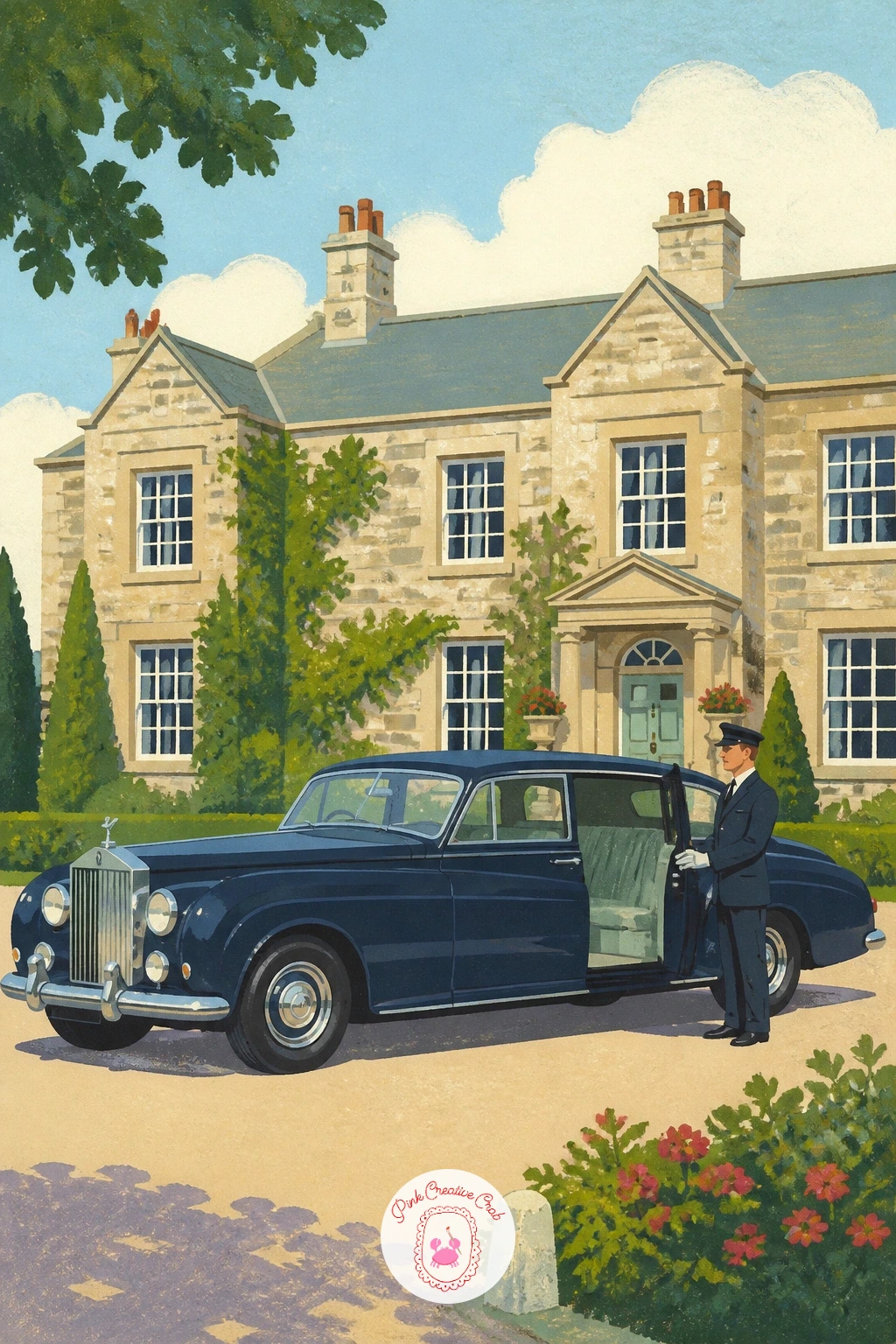 Rolls-Royce With a Chauffeur at a Country House — Add some old-world polish with a Rolls-Royce parked before a grand country house, a chauffeur standing