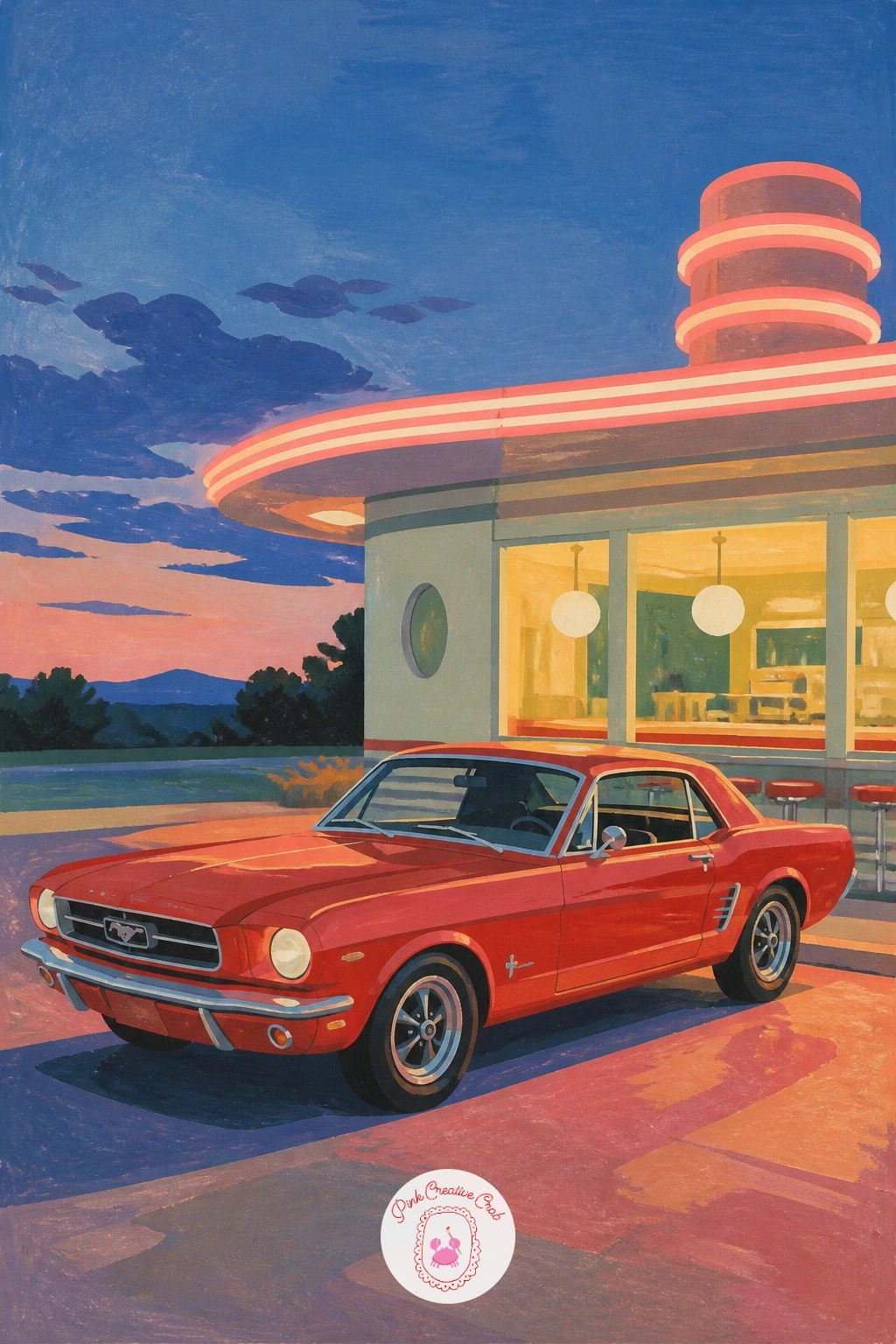 Mustang Outside a Roadside Diner — Bring the American road trip home with a Mustang parked outside a neon-lit roadside diner at dusk. Vintage car painting