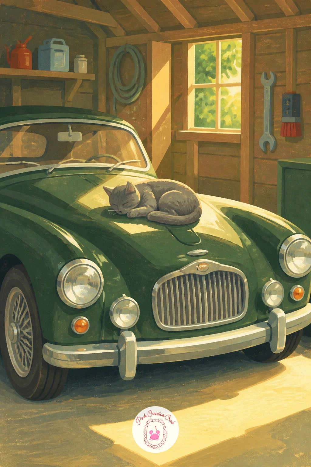 Vintage Car in a Garage With a Cat on the Bonnet — Close the set indoors with a vintage car resting in a garage, a cat curled or sitting on its bonnet in the