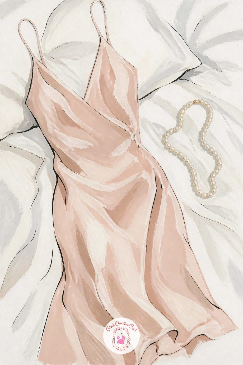 Silk Slip Dress and Pearls on a Bed — A silk slip dress laid flat on a bed is a quiet, quick subject, perfect for a ten minute sketch when the day is short.