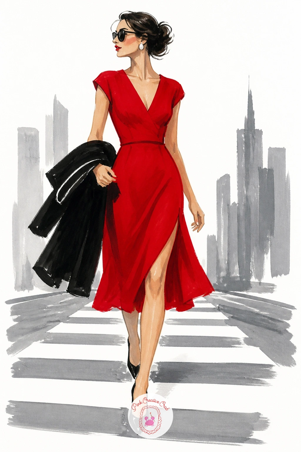 Woman in a Red Dress Crossing a Crosswalk — Where your eye sits changes this whole scene, so decide first whether you are looking at the woman in the red dress