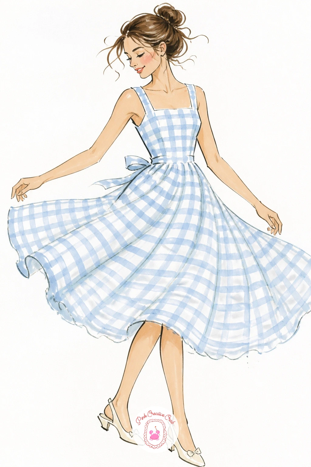 Gingham Dress Twirling in a Field — Twirl comes first here, before a single check gets painted, because the whole energy of this dress depends on the skirt